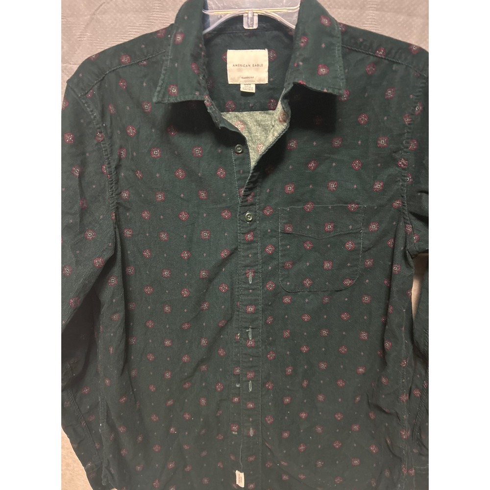 American Eagle Mens Medium Corduroy Shirt Forest Green Medallion Classic Fit